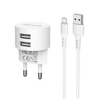 BOROFONE СЗУ Блок питания + USB кабель micro, 2 порта USB, BA23A 2.4A, 1 метр (белый) 4016