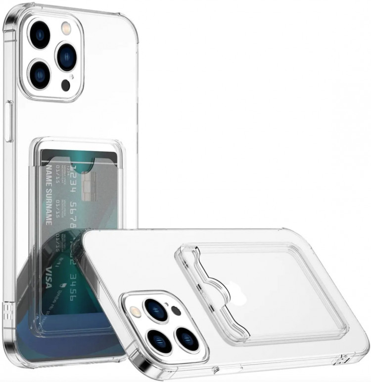 Чехол для iPhone 14 Pro Max силиконовый усиленный с защитой для камеры и картхолдером (прозрачный) 7477