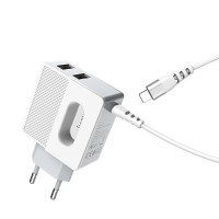 HOCO СЗУ Блок питания + USB кабель Type-C C75 2 порта USB 2.4A (белый) 15463