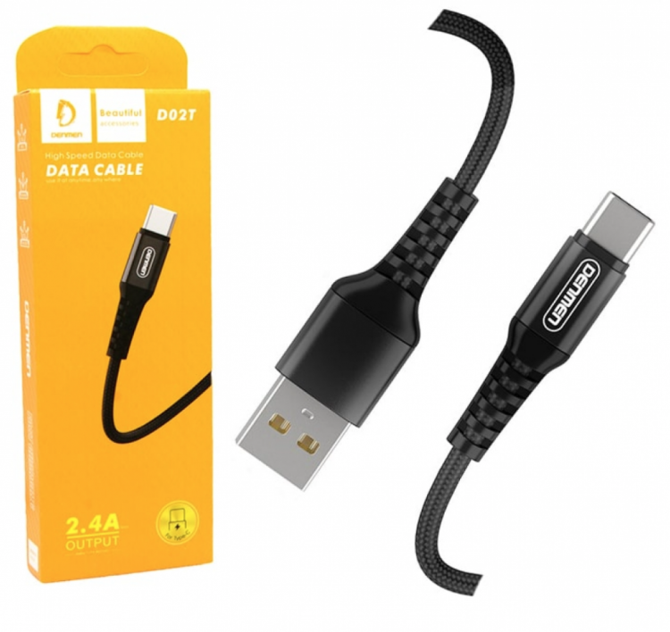 DENMEN USB кабель Type-C D02T 2.4A, 1метр (чёрный) 4423