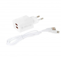 DENMEN СЗУ DC02L 2.1A USB-A 2 порта + USB кабель lightning 8-pin, длина: 1 метр (белый) Г-14 6371