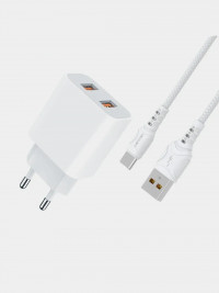 DENMEN СЗУ DC05T 2.1A USB-A 2.4A порта + USB кабель Type-C, длина: 1 метр (белый) Г-14 6376