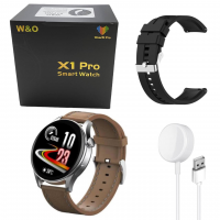 Смарт часы круглые умные X1 Pro + магнитная бесконтактная зарядка + кожаный ремешок (чёрный) 6694