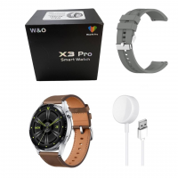 Смарт часы круглые умные X3 Pro + магнитная бесконтактная зарядка + кожаный ремешок (серебро) 6695