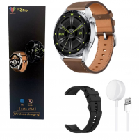 Смарт часы круглые умные P3 Pro NFC + магнитная бесконтактная зарядка + кожаный ремешок (чёрный) 6697