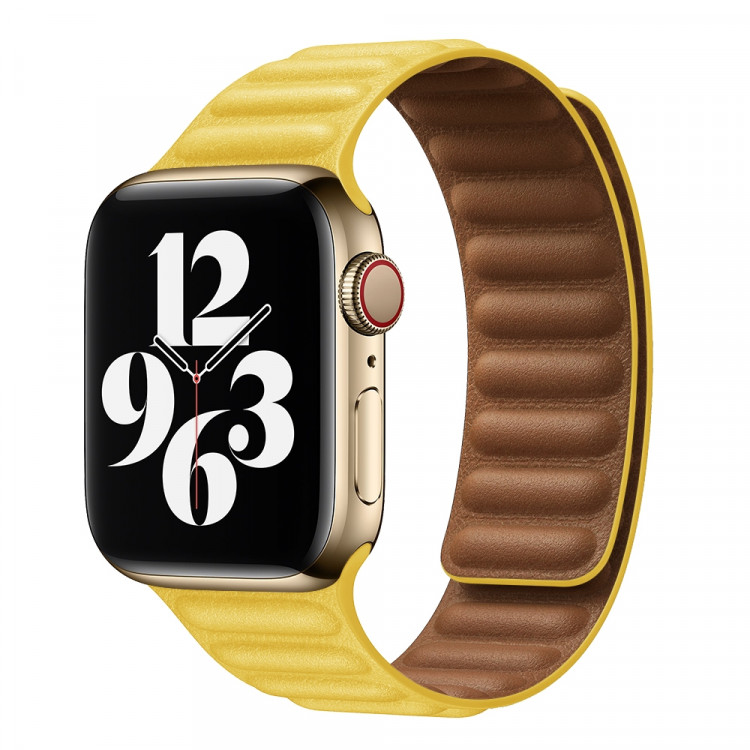 Ремешок Apple Watch 42mm / 44mm / 45mm / Ultra 49mm шагрень NEW кожаный на магнитах (жёлтый) 7704