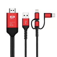 HDMI USB кабель lightning 8-pin / micro / Type-C с питанием нейлоновый длина 2 метра (чёрно-красный) 5765