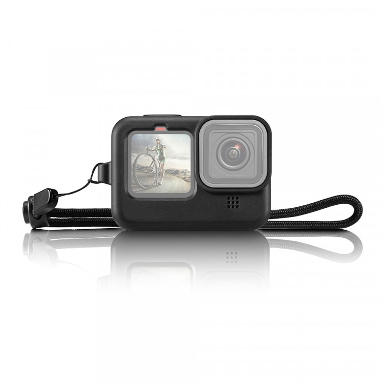 PULUZ Чехол силиконовый для GoPro 9 (цвет чёрный) + шнурок + защита линзы (PU518B)
