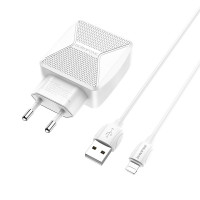 BOROFONE СЗУ + USB кабель 8-pin, BA45A, 2 порта USB, длина: 1 метр, 2.4A (белый) 6306