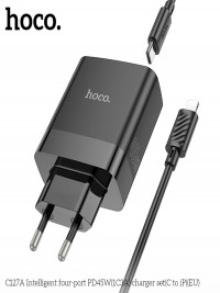 HOCO Блок питания C127A 3 порта USB 1 порт Type-C 45W QC3.0 + кабель Lightning USB-C (черный) Г30-6508