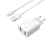 BOROFONE СЗУ + USB кабель 8-pin, BA39A, 2 порта USB, длина: 1 метр, 3A 18W QC3.0 (белый) 3383