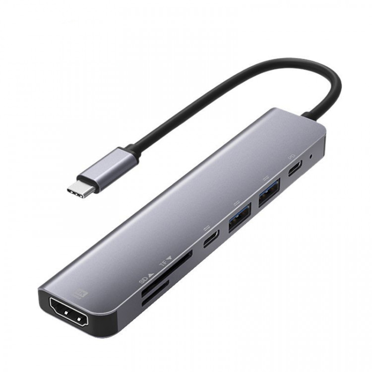 BRONKA Хаб Type-C 7в1 (HDMI x1 / SD-TF Card x2 / USB-C x1 / USB 3.0 x2 / PD x1) серый космос Г90-52731