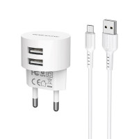 BOROFONE СЗУ Блок питания + USB кабель micro, 2 порта USB, BA23A 2.4A, 1 метр (белый) 4016