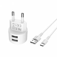 BOROFONE СЗУ Блок питания + USB кабель Type-C 2 порта USB BA23A 2.4A 1 метр (белый) 4023 - BOROFONE СЗУ Блок питания + USB кабель Type-C 2 порта USB BA23A 2.4A 1 метр (белый) 4023